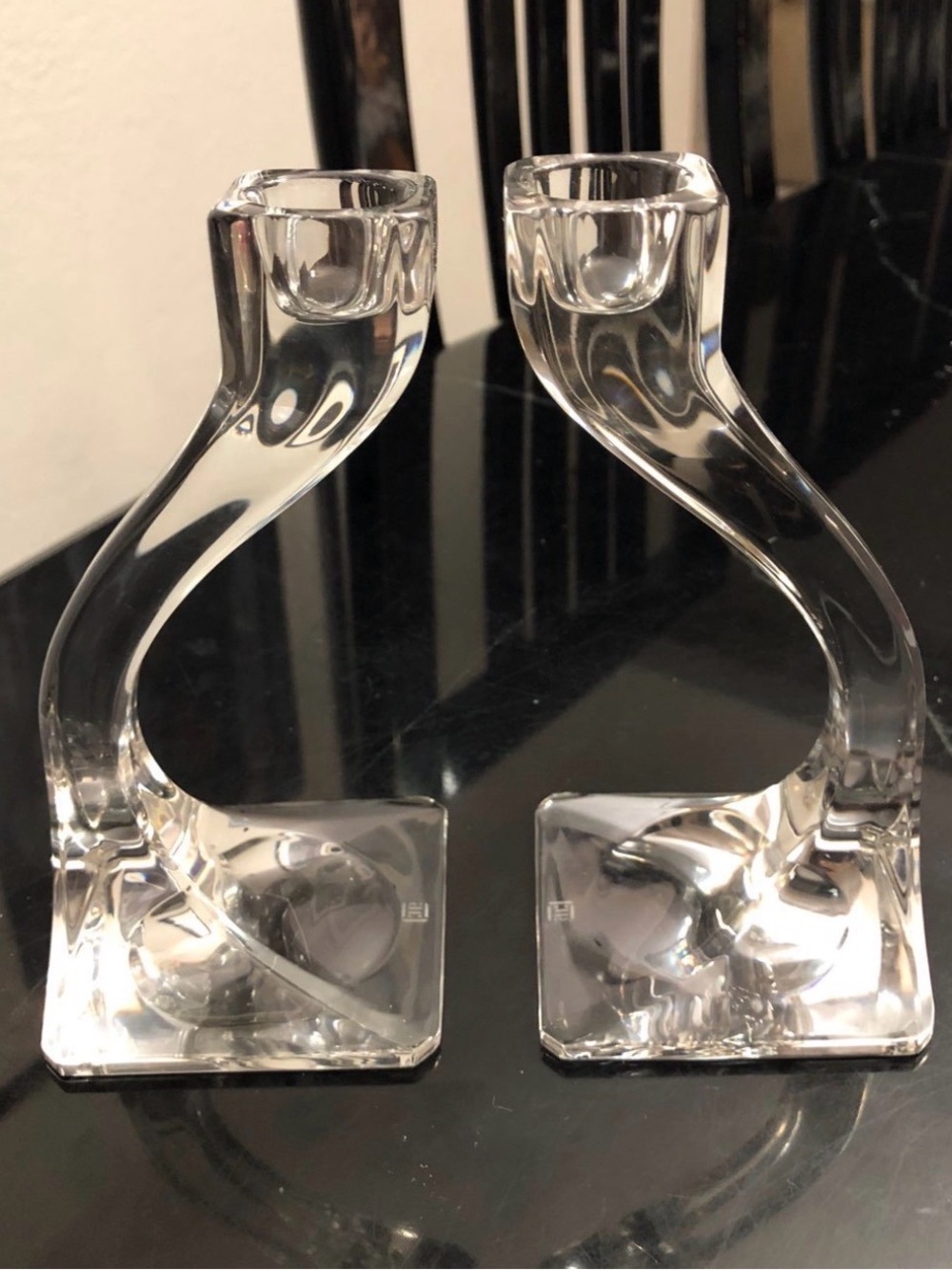 Riedel Crystal "Duetto" Elegant Curved Candlesticks 6" tall signed
